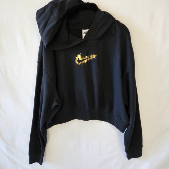 Nike Women's Crop Pullover Black Gold Hoodie DQ6776-010 Large - Picture 1 of 8